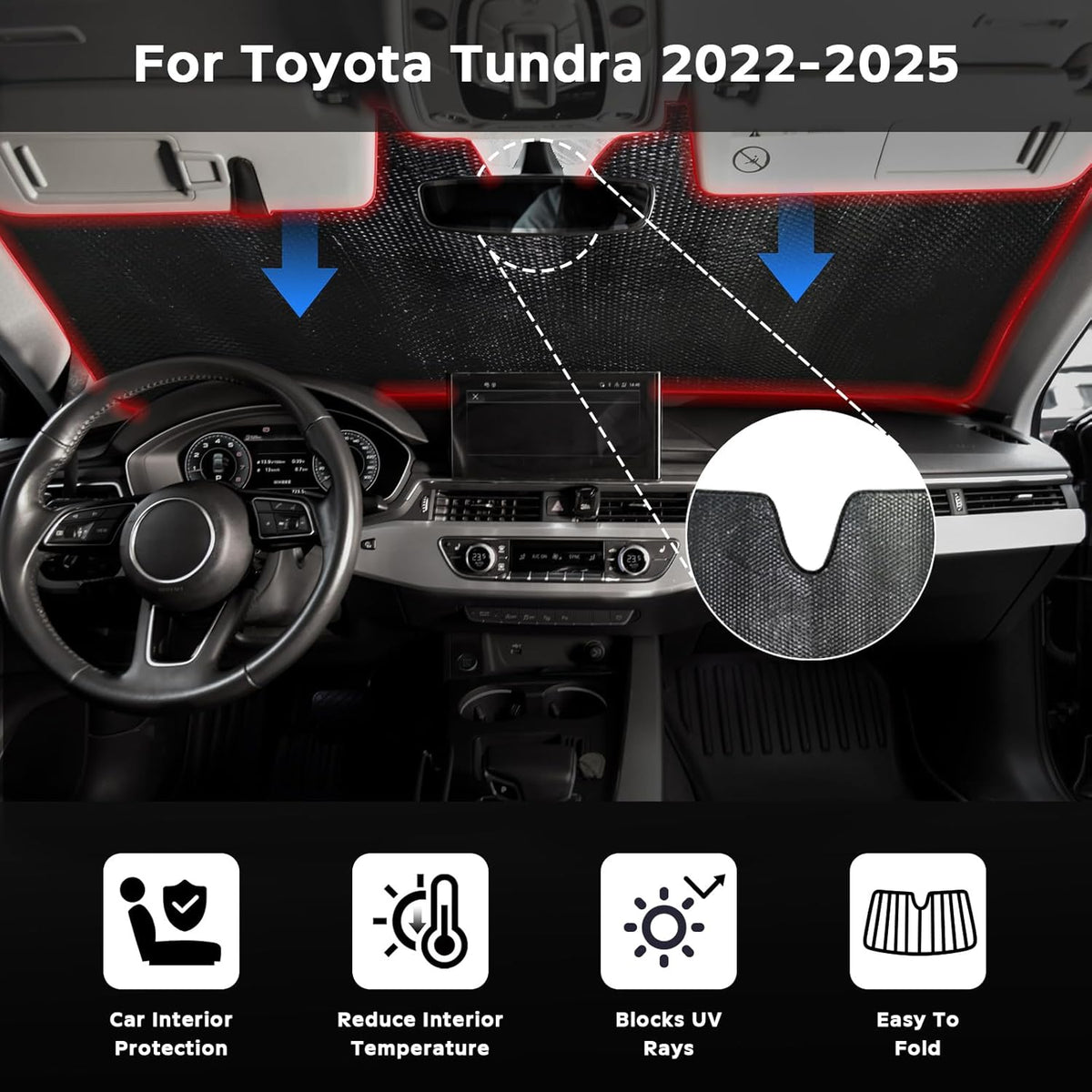 Windshield Sun Shade for Toyota Tundra 2022-2025 - 5-Layer Bubble Foldable Front Window Shade Sun Visor Accessories - Blocks Heat & UV Rays