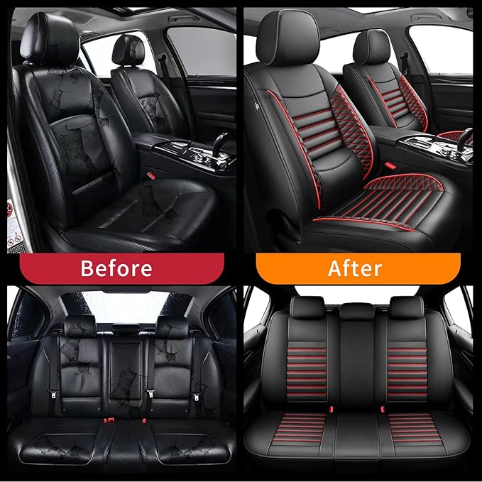 Fit Santa Cruz Car Seat Covers for Hyundai Santa Cruz 2022-2025 2026-Upgraded Premium Waterproof & Breathable Leather,Airbag Compatible, All-Weather Seat Cushion Protector (Full Set,Black+Red)