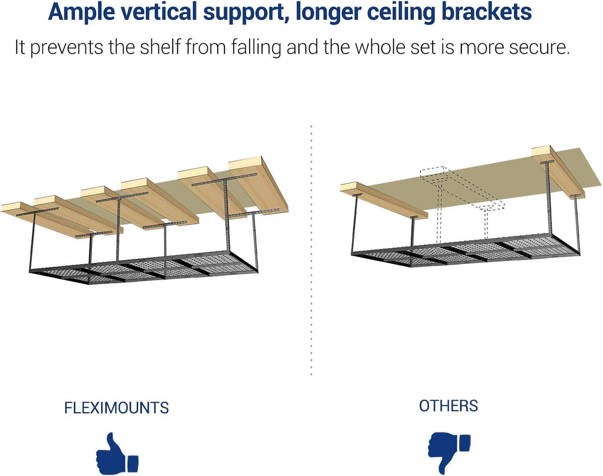 FLEXIMOUNTS 4x8 Overhead Garage Storage Rack, Adjustable Organization System, Heavy-Duty Metal Ceiling Racks, 2 Pack, Hammertone