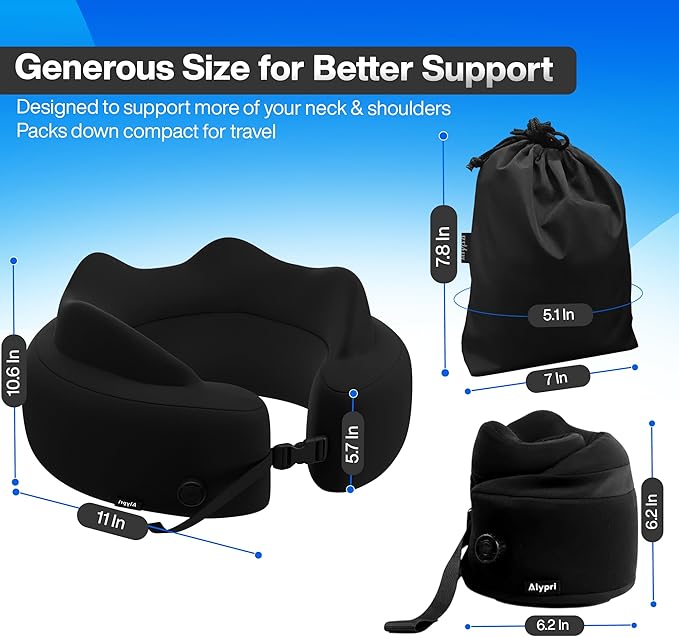 4-in-1 Travel Set – Inflatable Neck Pillow, Convertible Lumbar Support & Foot Hammock, 3D Sleep Mask & Ear Plugs – Complete Comfort Kit for Airplane, Office & Car – Gift-Ready (Black)
