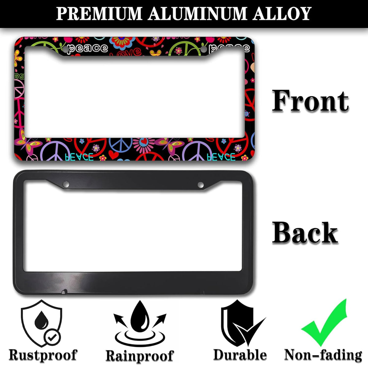 Car License Plate Frame Multicolor License Plate Frames Hippies Peace Flower Aluminum Metal Car Accessory 2 Pack with Screw Covers Set