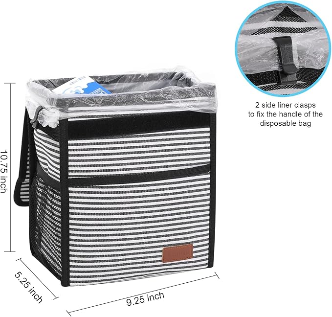 Femuar Car Trash Can with Lid - Leak Proof, Waterproof, Multipurpose Car Hanging for Headrest, Collapsible, Portable with Storage Mesh Pocket, Stripe