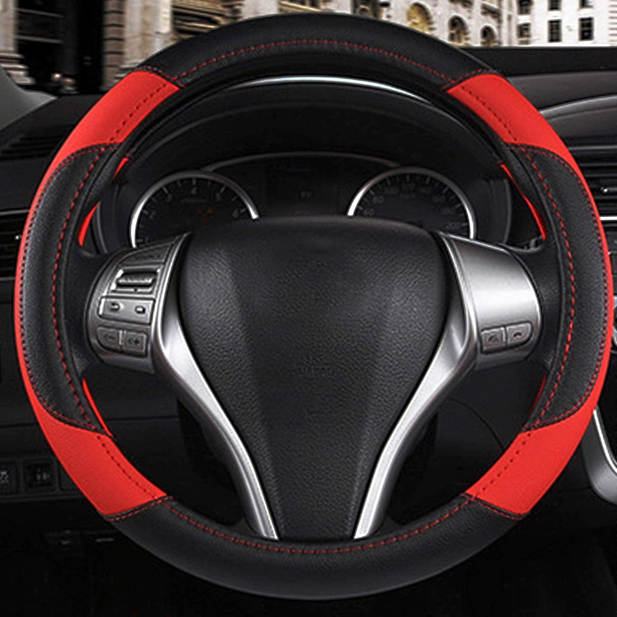 Leather Car Steering Wheel Cover, Non-Slip Car Wheel Cover Protector Breathable Microfiber Leather Universal Fit for Most Cars (Black & Red)