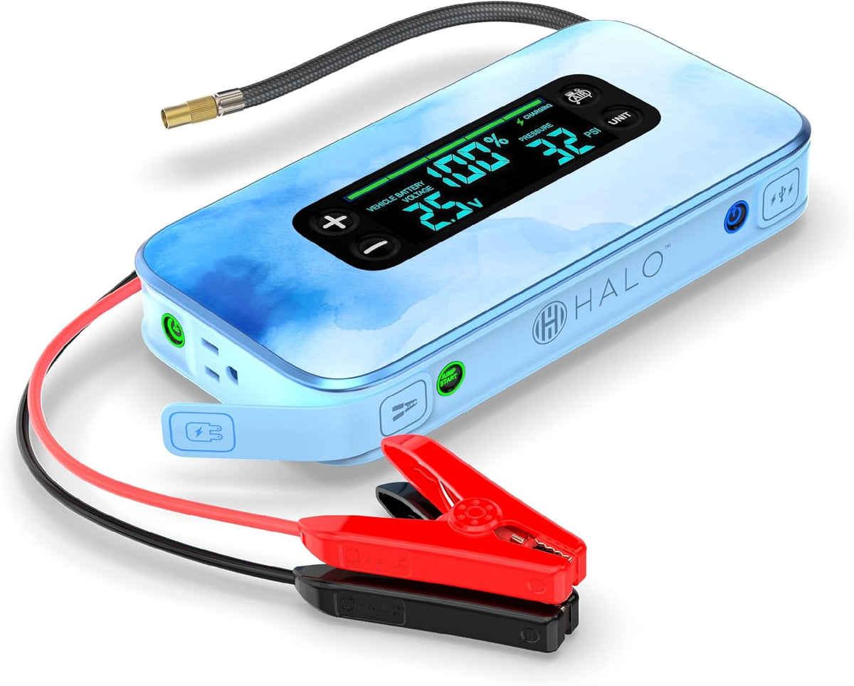 HALO Bolt Ultimate 3 Portable Car Battery Jump Starter | 130 PSI Air Compressor, 55.5Wh USB Power Bank, Large Display, Emergency Floodlight & Charger, Jumps Cars SUVs & Trucks, Inflates Tires — Blue