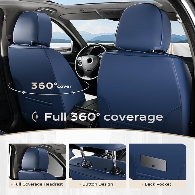Coverado Car Seat Covers Full Set, Seat Covers for Cars, Waterproof Leather Automotive Seat Cover, Universal Car Interior Protectors Cushion for Most Cars Blue_White