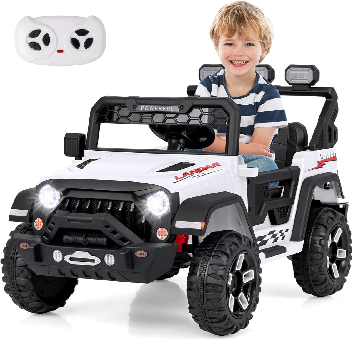 Costzon Kids Ride on Truck, 12V Electric Ride on Car with Remote Control, 3 Speed & Spring Suspension, Wireless Connection, USB, Music, Light, Kids Ride on Toys for Boys Girls (White)