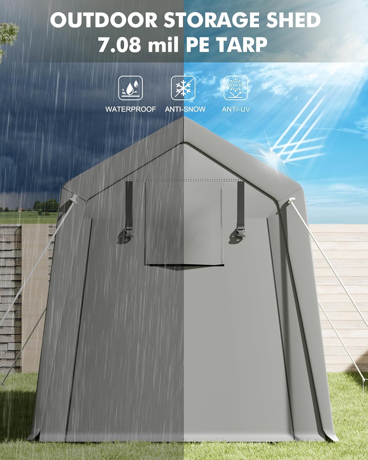 7 x 12 ft Carport Storage Shed, Portable Garage with Roll-up Zipper Door, Heavy Duty Waterproof Tarp, Storage for Motorcycle, Bike, Firewood, Garden Tools