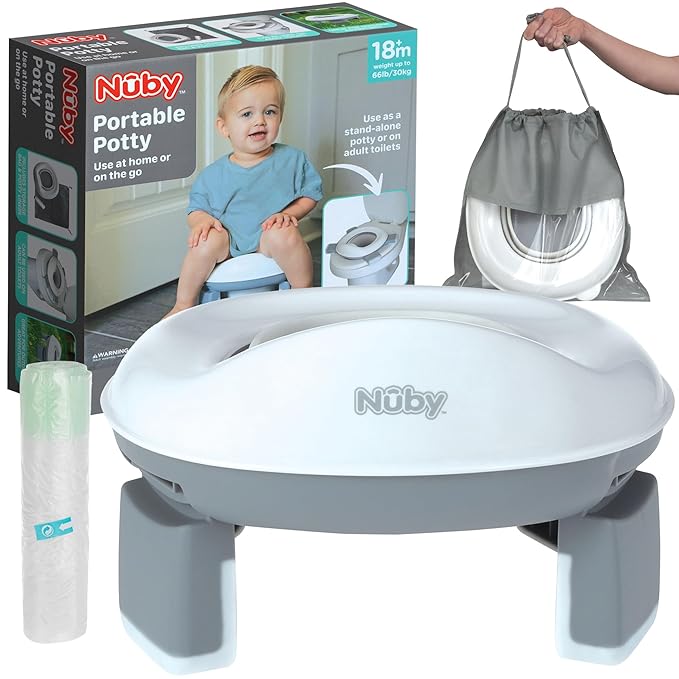 Nuby On-The-Go Portable Potty Seat - Travel Toilet Seat for Boys and Girls 18+ Months - Includes Storage Bag and Disposable Potty Liners - Toddler Travel Essentials - Toddler Potty Training Toilet