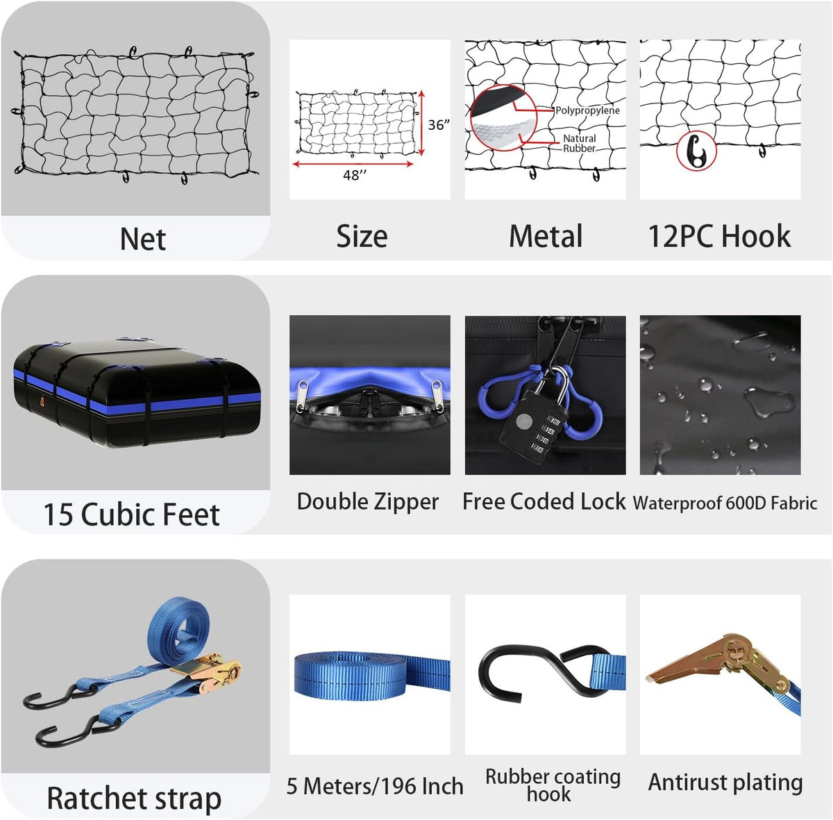 FORWODE Roof Rack Carrier Basket, 64" x 39" x 6" Rooftop Cargo Carrier with 250 lbs Capacity, Rust-Proof Steel Heavy Duty Car Top Luggage Basket with Waterproof Cargo Bag, Net and Straps
