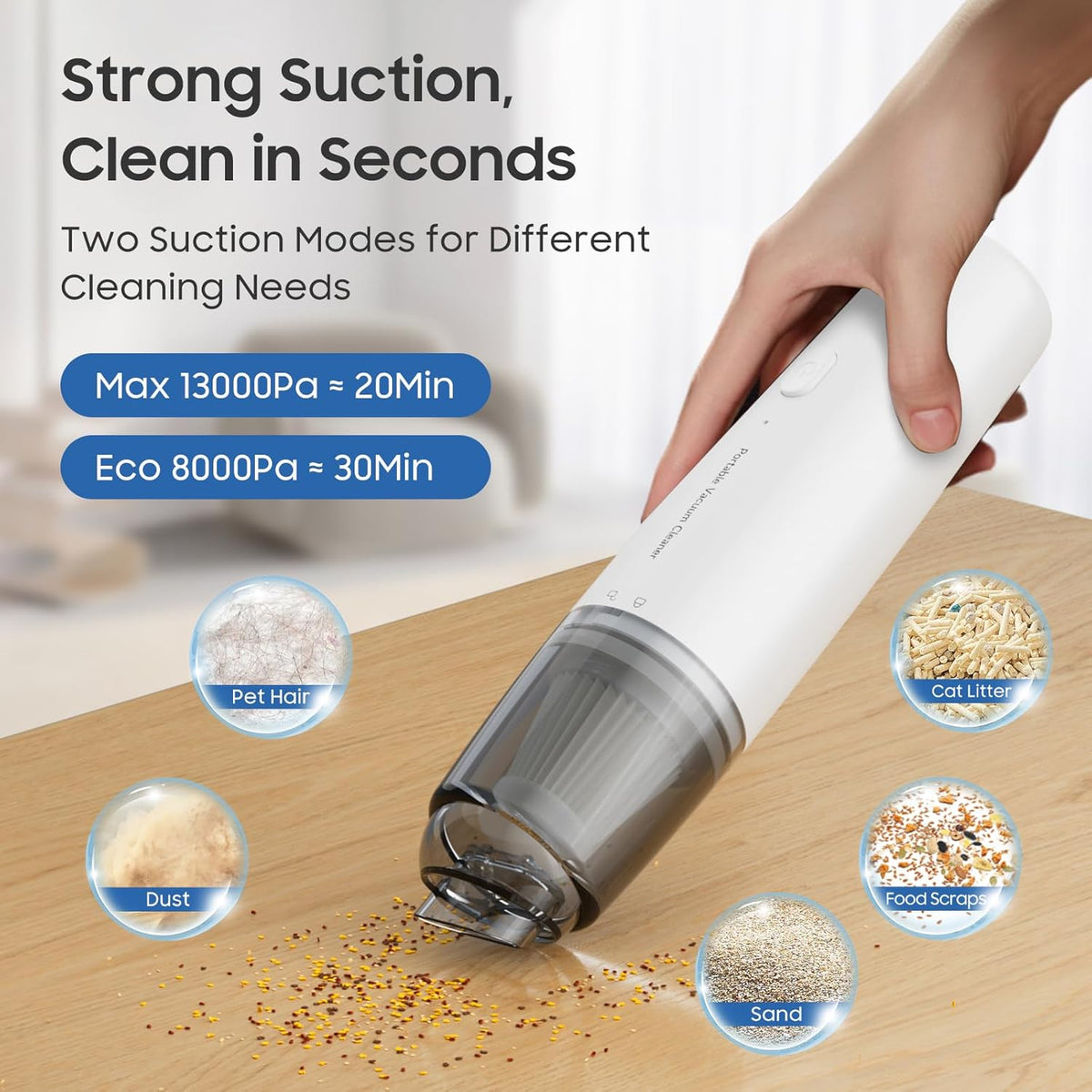 Handheld Vacuum Cordless, Car Vacuum Cleaner Portable with HEPA Filter, 2 Suction Modes, Mini Hand Held Vacuum Rechargeable for Car, Home, Pet Hair, Office, Desk, Keyboards (White)