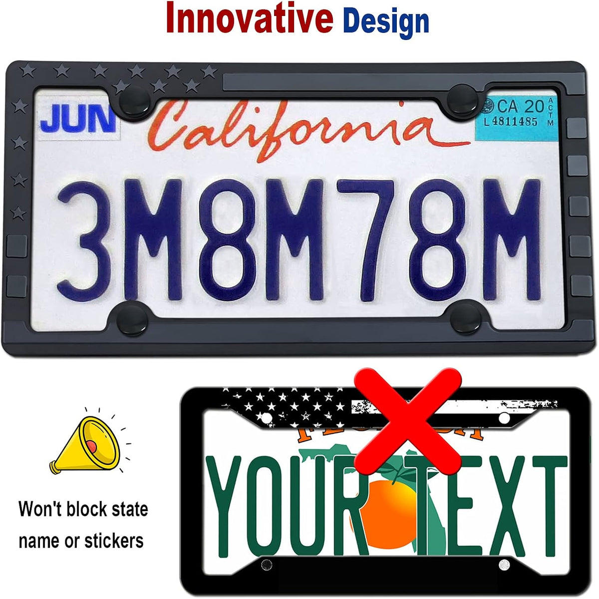 Black American Flag License Plate Frames- Patriotic USA Stars and Stripes Flag Plastic Car Tag Cover Holder with Mount Screws Caps for Truck/SUV, Auto Accessories for Veterans Military