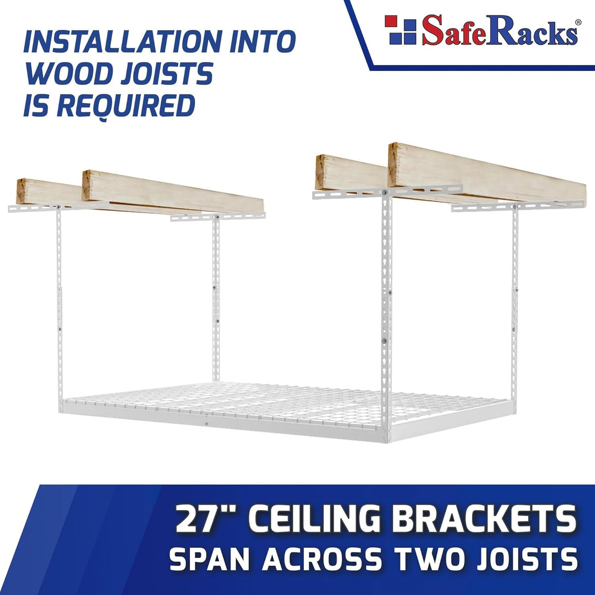 SafeRacks Overhead Garage Storage Rack - Heavy Duty Racks for Garage with 400 lb Capacity, Easy Garage Shelving, Adjustable Storage Rack, Ceiling Mount Storage Shelves 3x6 White (12"-21")