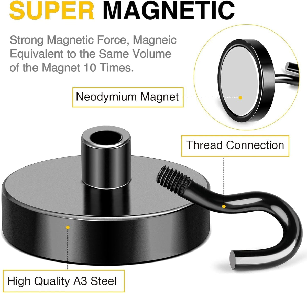 DIYMAG Black Magnetic Hooks, 118 LB Heavy Duty Strong Magnets with Hook, Rare Earth Neodymium Magnet Magnetics for Cabins Cruise Ship Essentials 4 Packs