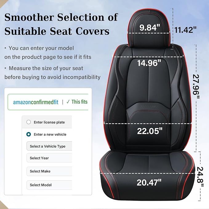 Coverado Seat Covers, Car Seat Covers Front Seats, Nappa Leather Seat Covers for Cars, Waterproof Car Seat Protector with Lumbar Support, Front Seat Covers Universal Fit for Most Cars (Black&Red)