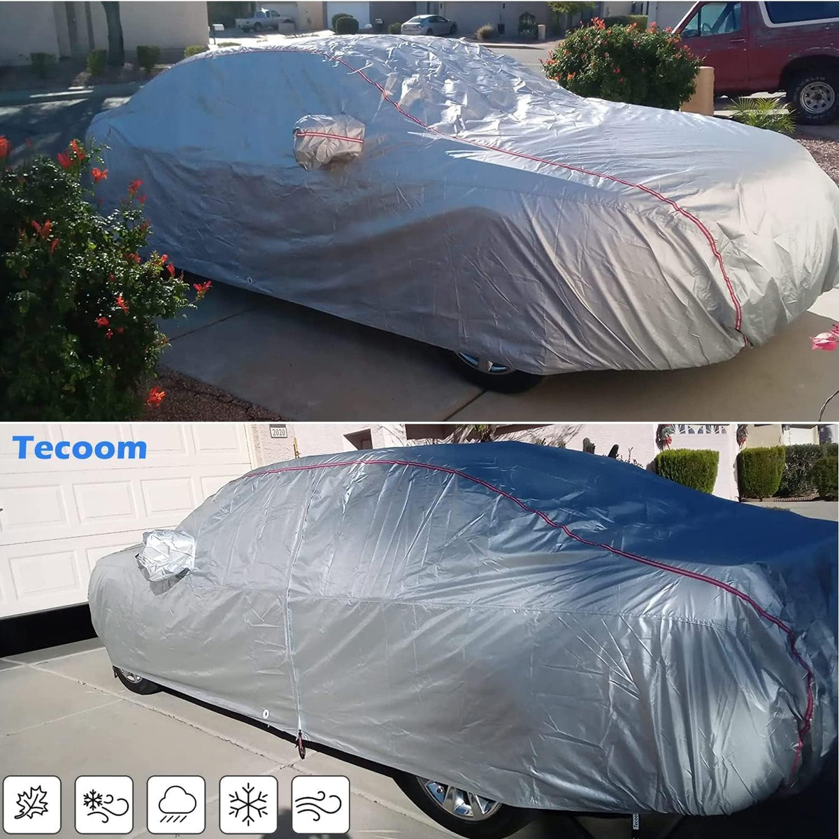 Tecoom Waterproof Sedan Car Cover Oxford W/Door Zipper, All Weather Car Cover for Automobiles, UV-Proof Windproof Hail Sun Snow Protection Indoor Outdoor Full Exterior Covers Fit 201-210 Inches
