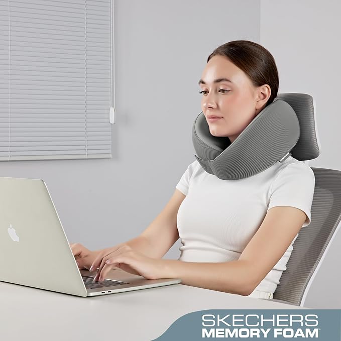 Skechers Men's Memory Foam Neck Pillow, Comfortable & Breathable Travel Pillow,Neck Pillow Airplane for Travel, Car Rides, Home, and Office Use, Ergonomic Design for Men and Women,Grey