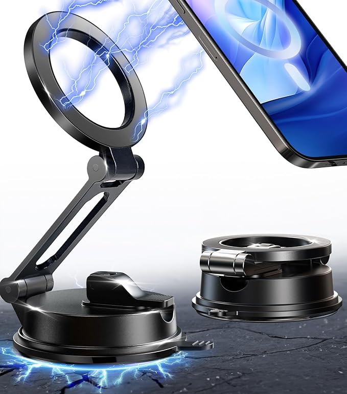 【Vacuum Suction Folding Car Mount】Magnetic Car Phone Holder for magsafe, Aerospace Alloy Arm, Best Dashboard/Windshield/Screen Holder for Your Car/Tesla/Gym/Mirror/Shower/Smooth Surface/iPhone