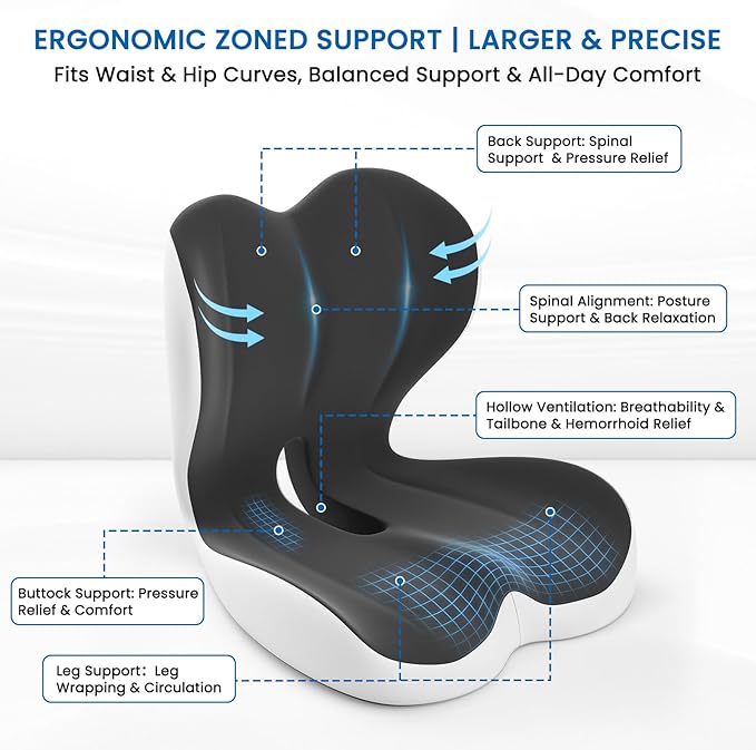 Seat Cushion, Memory Foam Car Seat Cushion with L-Shaped Ergonomic Design, Tailbone Pain & Sciatica Pain Relief Cushion for Office Chair, Car, Truck Drivers, Long Work Sessions and Wheelchair