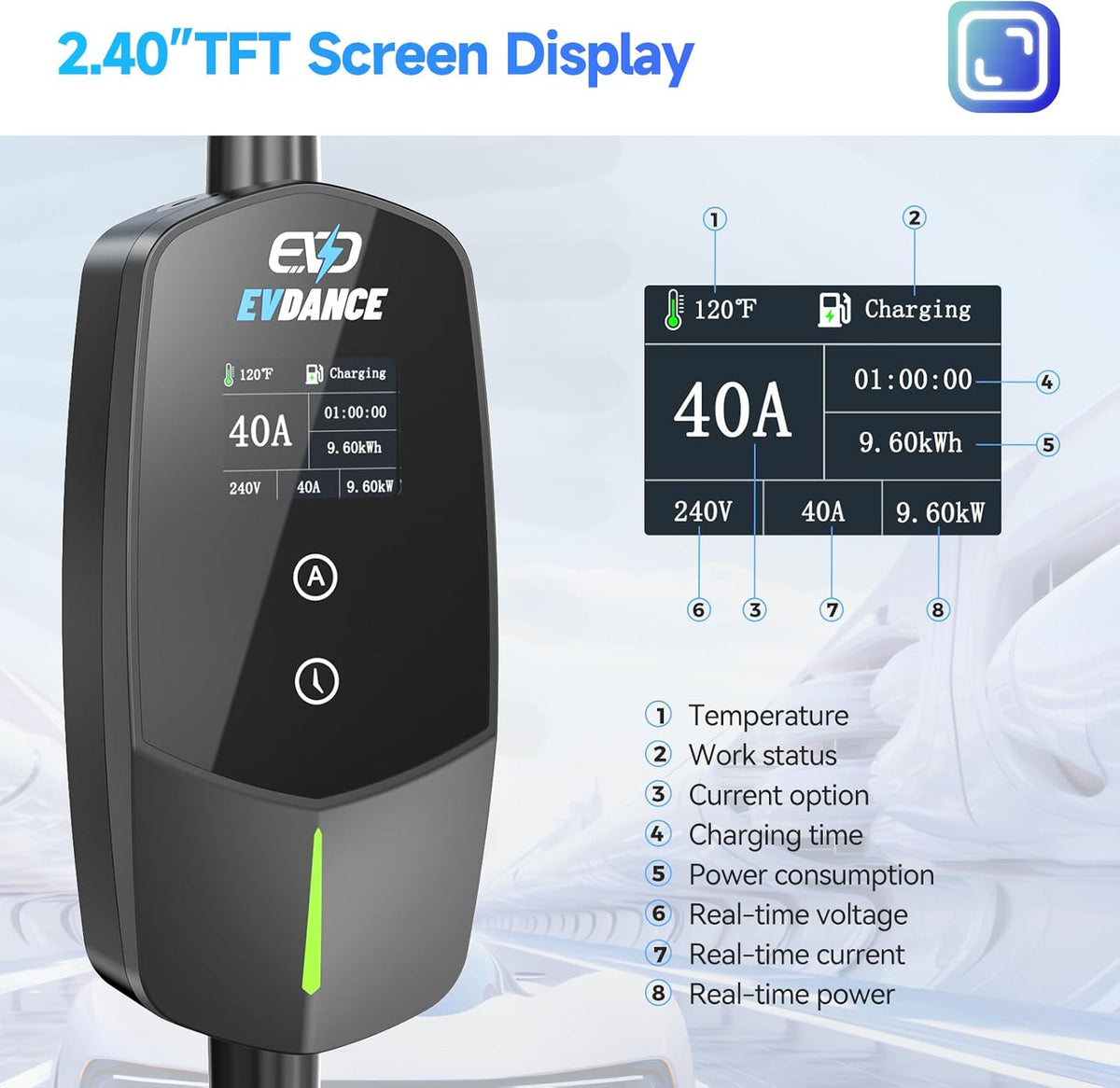 Level 2 EV Charger 40Amp, 240V 9.6KW Portable Electric Vehicle Charging Stations with NEMA 14-50P, 25FT Cable Adjustable Current/Timing Delay Home Electric Car Charger for J1772 BEVs/PHEVs