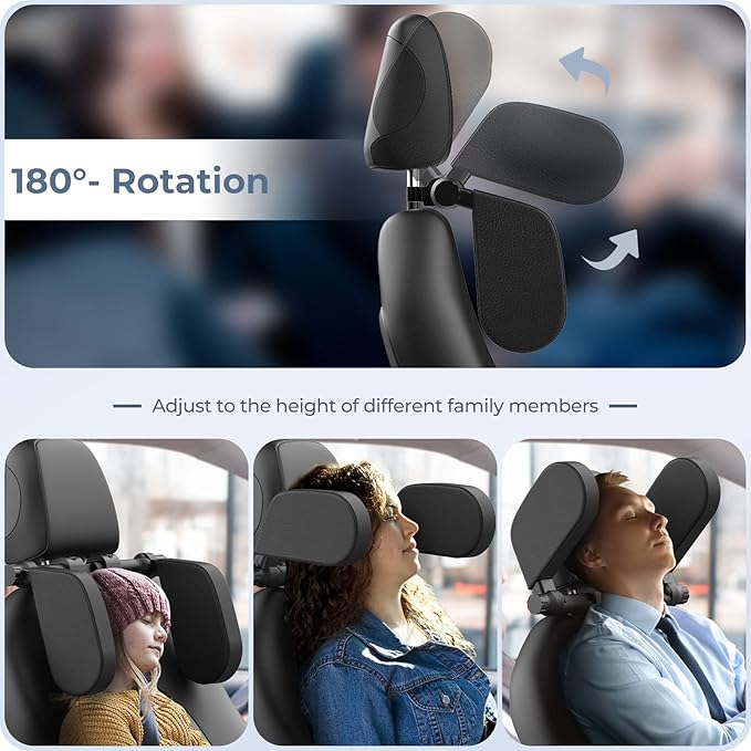 Yoocaa Adjustable Car Headrest Pillow, Road Pal Headrest, U-Shaped Travel Sleeping Pillow for Kids & Adults, Head Neck Support Only Suitable for Car Seat Headrest with Poles, Black