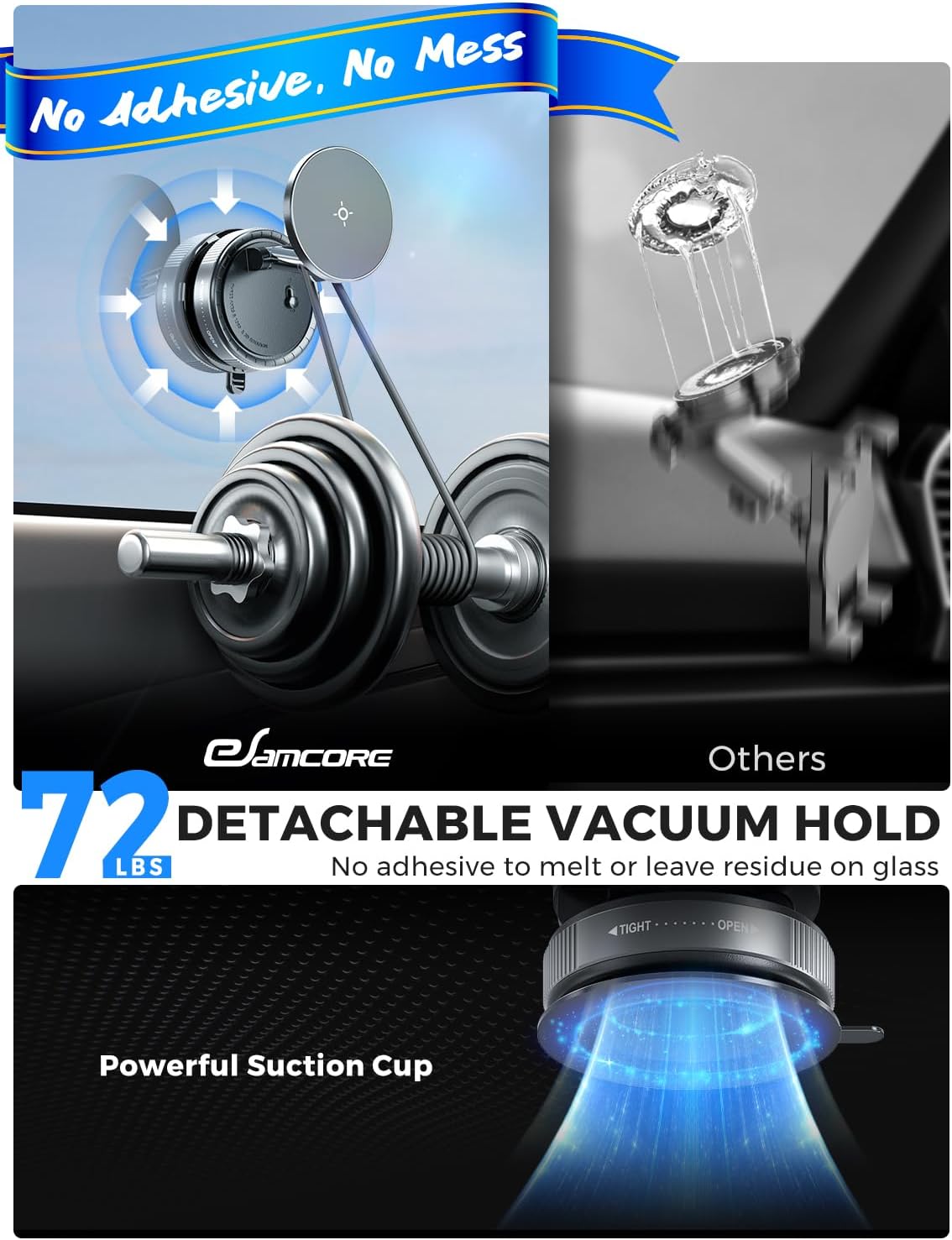 eSamcore Vacuum Magnetic Phone Holder for Car, for Magsafe Car Mount for Windshield, Foldable Stand Suction Cup for Mirror, Glass, Screen, Gym, Smooth Surfaces Compatible with iPhone