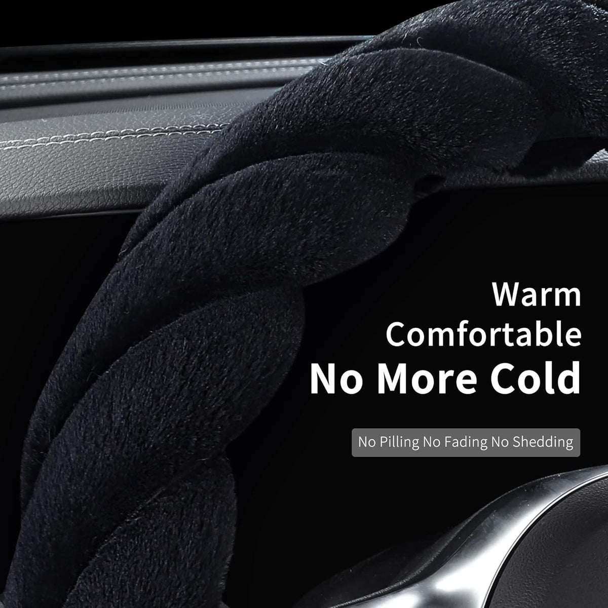 Luxury Fluffy Winter Car Steering Wheel Cover for Women Soft Warm Cute Auto Handle Cover for Jeep, Truck, Van, F150, Fuzzy, Anti Slip, Black, Large Size, 15.2-16in