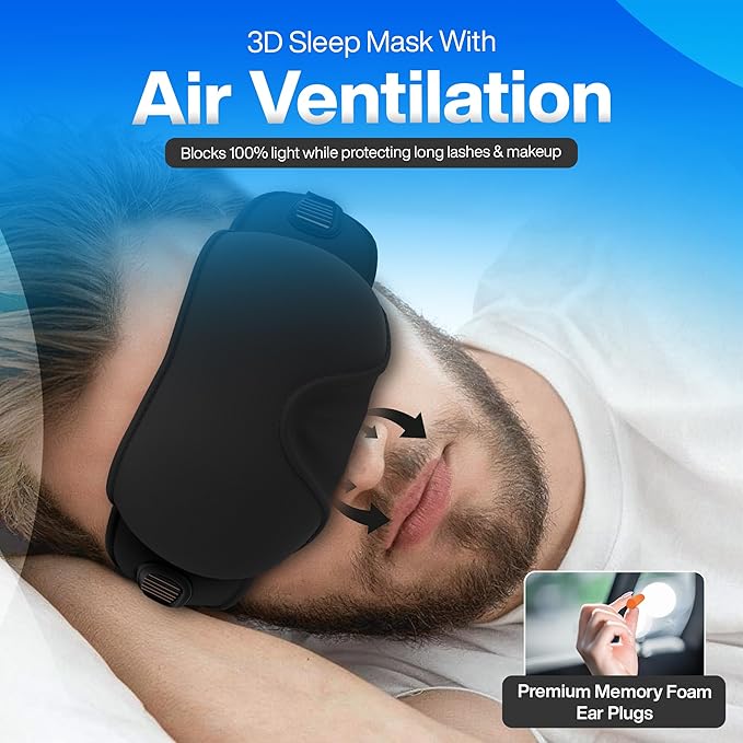 4-in-1 Travel Set – Inflatable Neck Pillow, Convertible Lumbar Support & Foot Hammock, 3D Sleep Mask & Ear Plugs – Complete Comfort Kit for Airplane, Office & Car – Gift-Ready (Black)