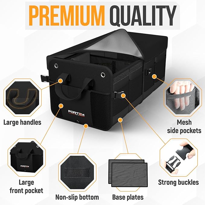 FORTEM Trunk Organizer For SUV Car Organizer and Storage, Multi-Compartment Storage Bag Car Accessories for Women Men, Perfect Christmas Gifts, 1680D Oxford, Non Slip Bottom, Straps, Soft Cover (50L)