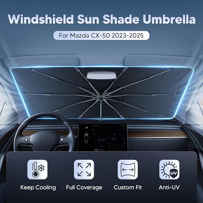 Autorder Windshield Sun Shade Umbrella for 2023-2026 Mazda CX-50 CX50 Accessories,Upgraded Ice Crystal Material,Easy Setup Umbrella Sunshade for Car Windshield,100% Sun Blocking