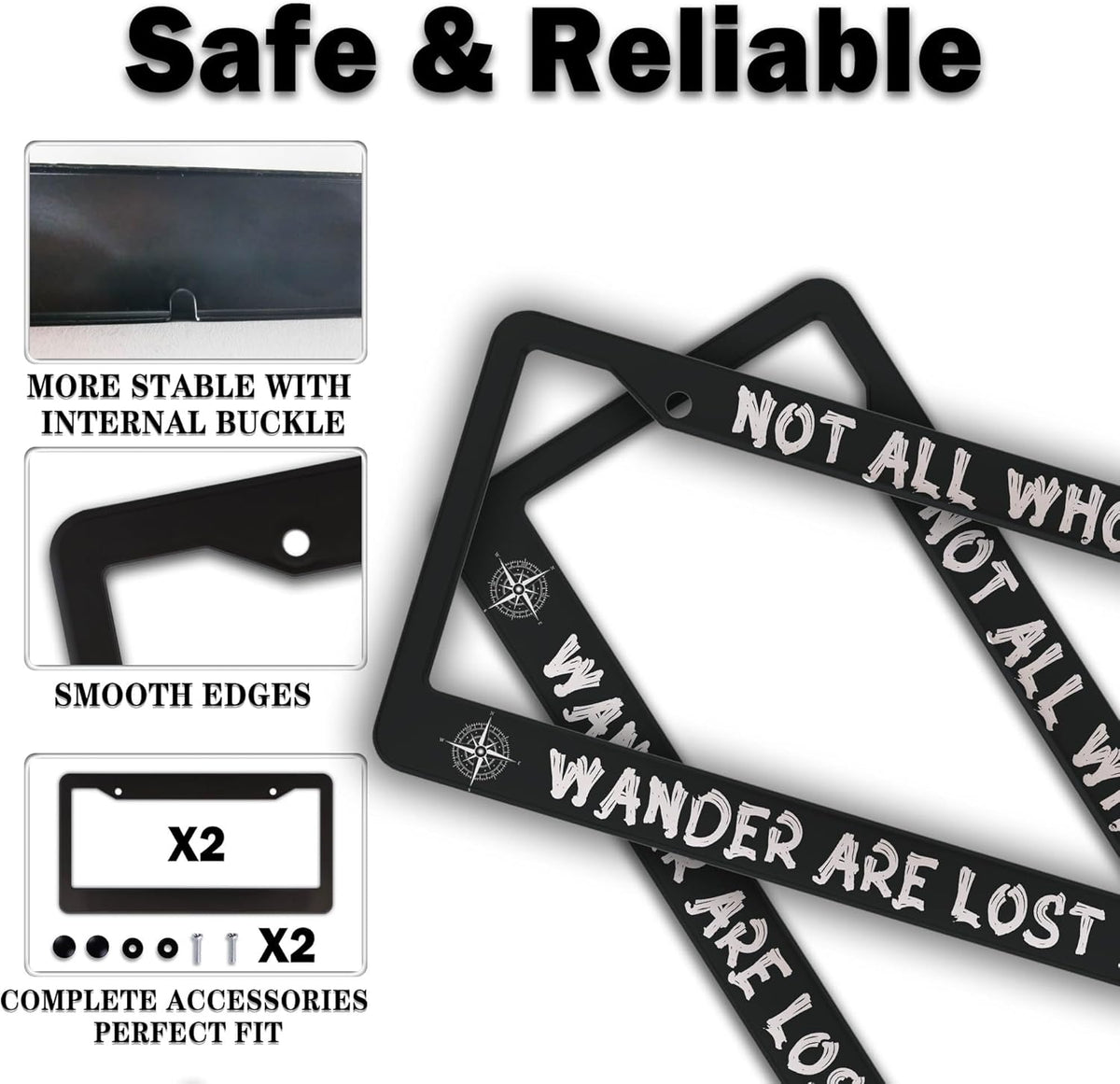 License Plate Holder Black and White License Plate Frames Not All Who Wander are Lost Universal Aluminum Car Accessory 2 Pack with Screw Covers Set