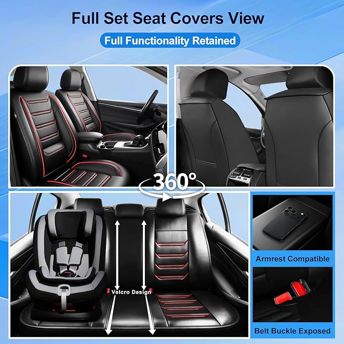 Fit CX-7 Car Seat Covers for Select Mazda CX7 2006-2012, Premium Full Coverage Leather, Airbag Compatible & Scratch-Resistant, Waterproof All Weather Seat Protector, Full Set, Red Trim
