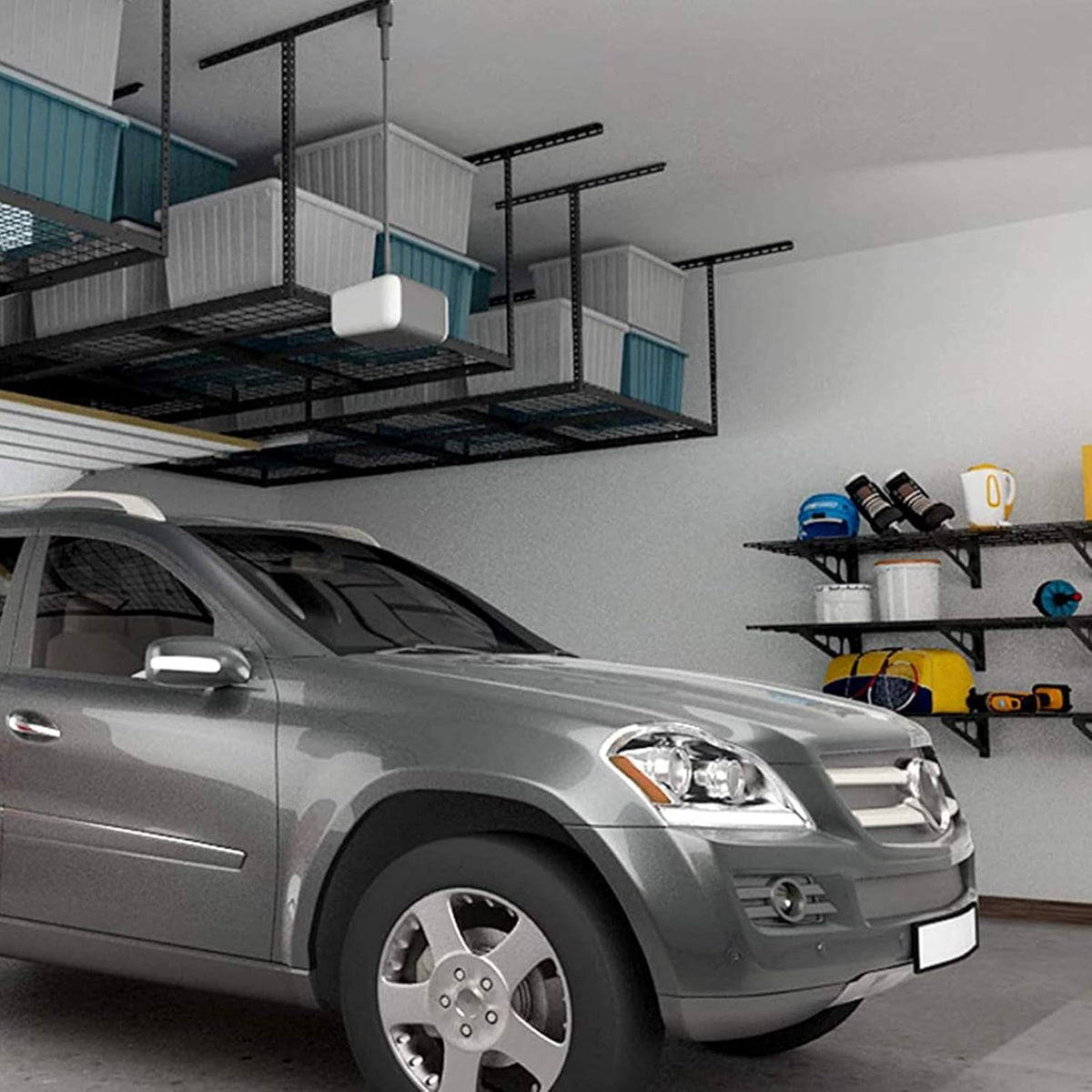 FLEXIMOUNTS 4x8 Overhead Garage Storage Rack, Adjustable Organization System, Heavy-Duty Metal Ceiling Racks, 2 Pack, Hammertone