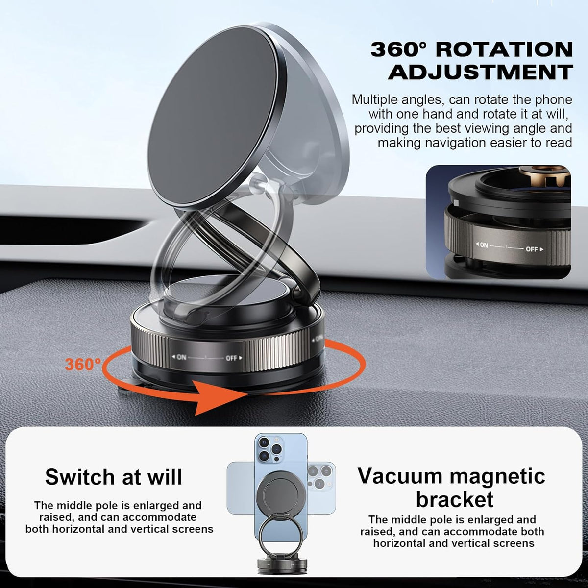 Vipbu Phone Mount, Vipbu Phone Holder, Car Phone Holder, 360° Adjustable Vacuum Magnetic Phones Holders, Foldable Car Mount, Universal Adjustable Stand for Phone Smartphones (White)