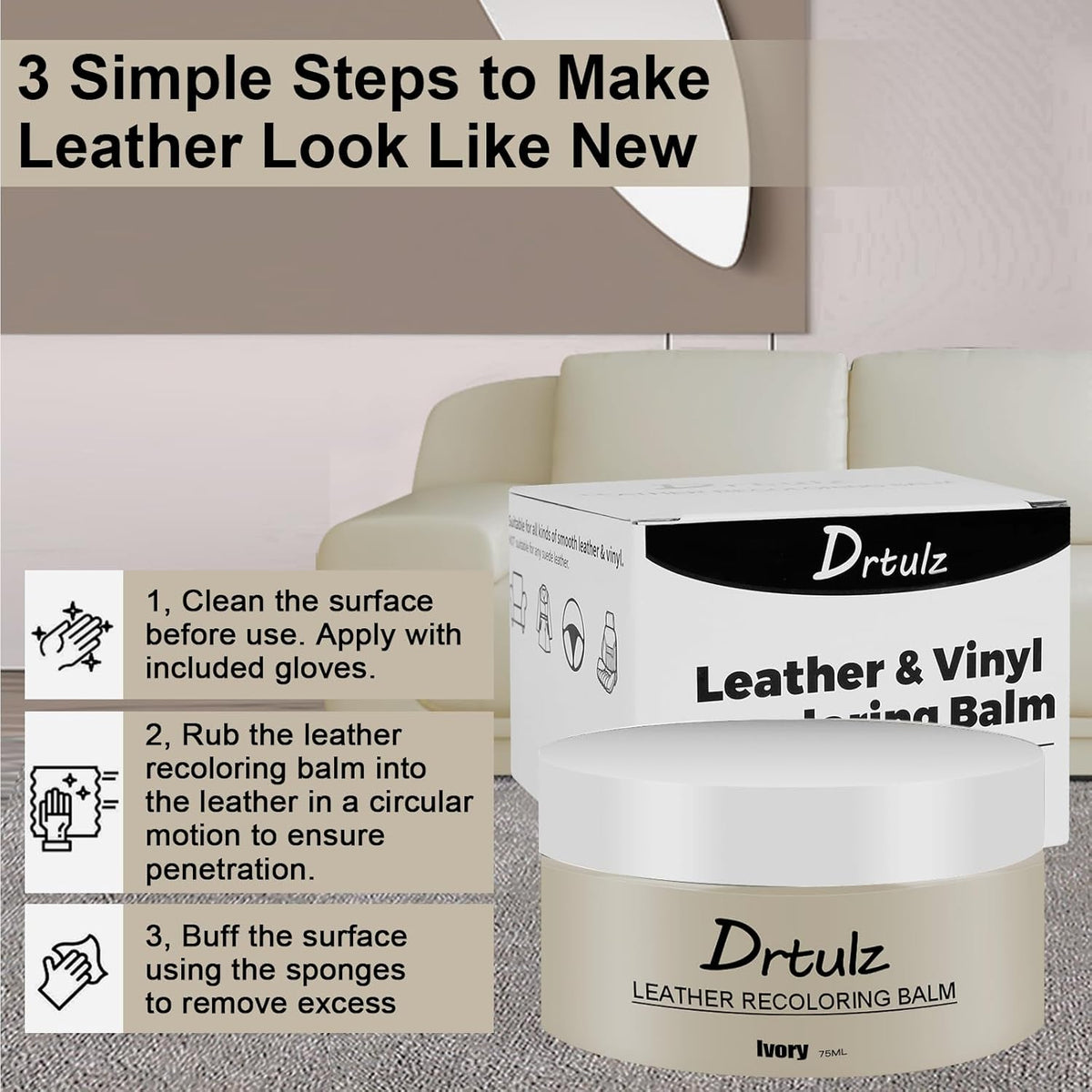 Leather Recoloring Balm, Leather Color Restorer Conditioner, Leather Restorer for Couches Paint, Leather Scratch Remover, Scratch Leather Faded Repair Kits for Vinyl Furniture (Ivory, 75ML)