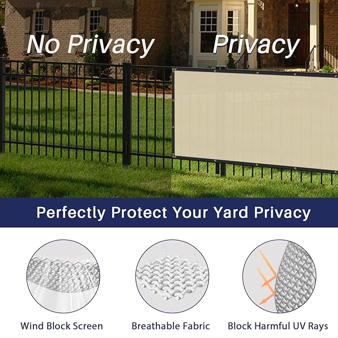 Windscreen4less Privacy Fence Screen Heavy Duty Windscreen Fencing Mesh Fabric Shade Net Cover with Brass Grommtes for Outdoor Wall Garden Yard Pool Deck, 8'x74' Beige