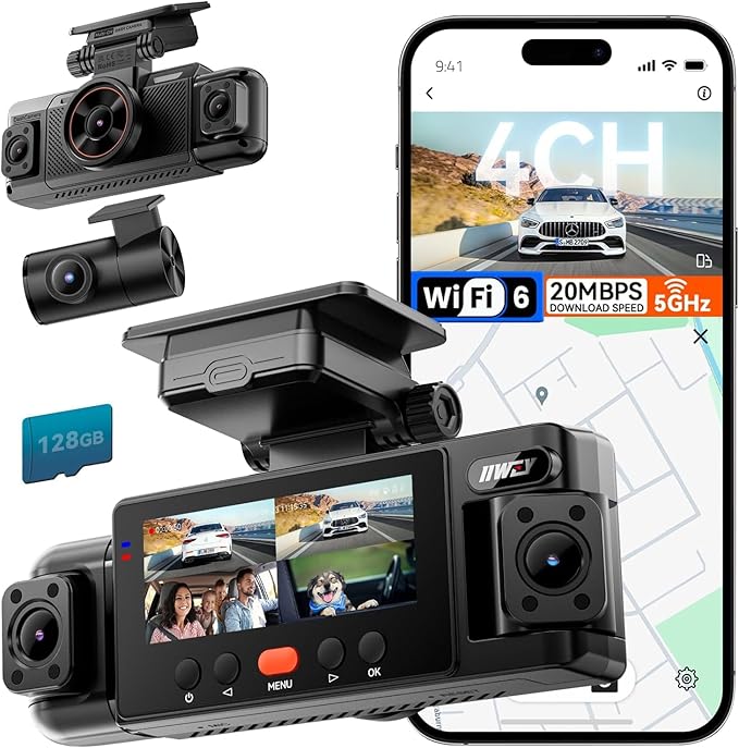 IIWEY N6 360° Dash Cam 4 Channel, 5.8G WiFi-6 (up to 20MB/s) with App, Free 128GB Card, FHD Front & Rear Inside Dash Cam for Car, 8 IR Lights Night Vision, GPS, 24/7 Parking Mode, G-Sensor