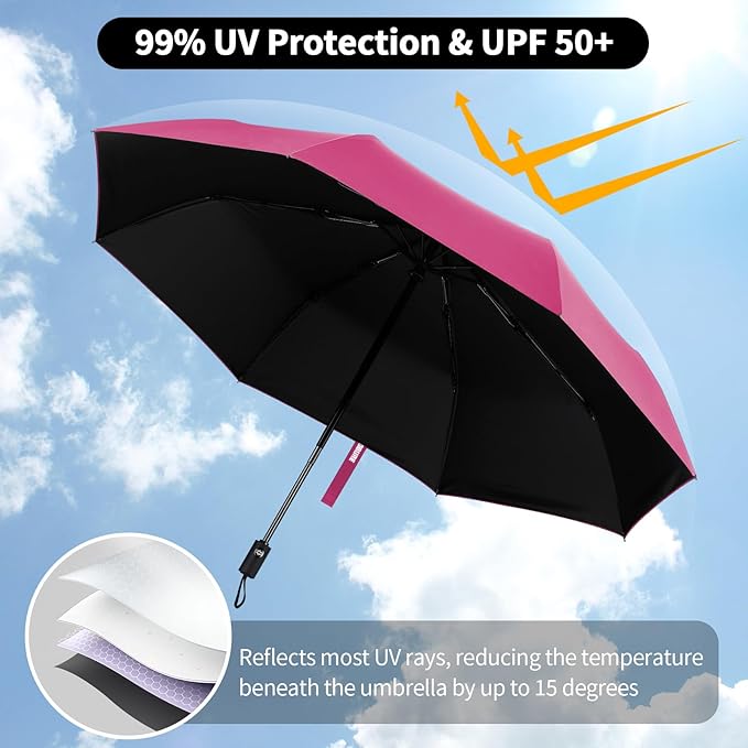 Yoobure Windproof Travel Umbrella - Automatic Umbrellas for Rain, Compact Folding Umbrella with UV Protection, Lightweight Portable Design for Backpack/Walking/Car, Sun & Storm Ready