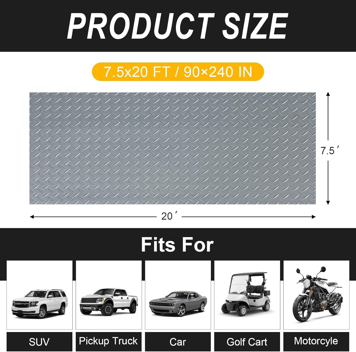7.5x20 FT Garage Floor Mat, 2.8mm Thickened Flooring Roll with 20Pcs Tapes, Diamond Plate PVC Rubber Trailer Mat, Non-Slip Floor Protector Mat for Garage, Warehouse, Gyms, Trailer(Matte Gray)