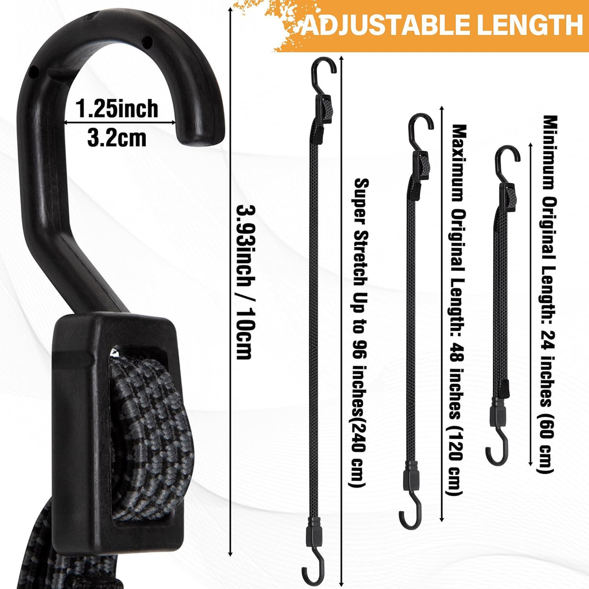 Bungee Cords, Flat Adjustable Bungee Cords with Hooks Heavy Duty 48 Inch, Elastic Rubber Black Bungee Straps with Buckle Hooks for Outdoor, Camping, Tarps, Bike Rack, Tent, Truck, 6 Pack