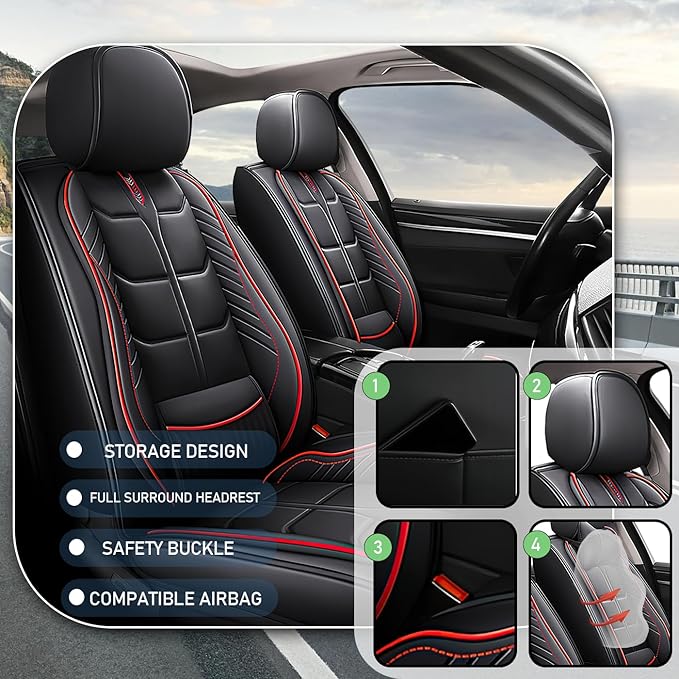 Leather Car Seat Covers Fit for Toyota Corolla iM 2017-2018, 5 Seater Car Seat Cover, Premium Waterproof, Scratch Resistant Car Interior Accessories (Full Set Black Red)