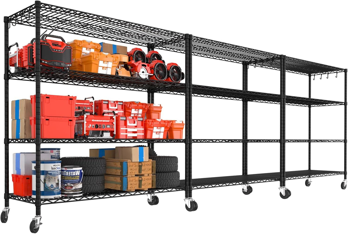 PrimeZone 3 Packs 55.5" W x 24" D x 80" H Heavy Duty Wire Storage Shelves with Wheels, 4 Tier Adjustable NSF Certified Garage Shelving Unit, Rolling Metal Organizer Shelf Rack for Warehouse, Pantry