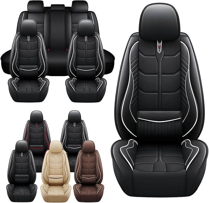 Leather Car Seat Covers Fit for Toyota RAV4 Prime 2021-2024, 5 Seater Car Seat Cover, Premium Waterproof, Scratch Resistant Car Interior Accessories (Full Set Black White)