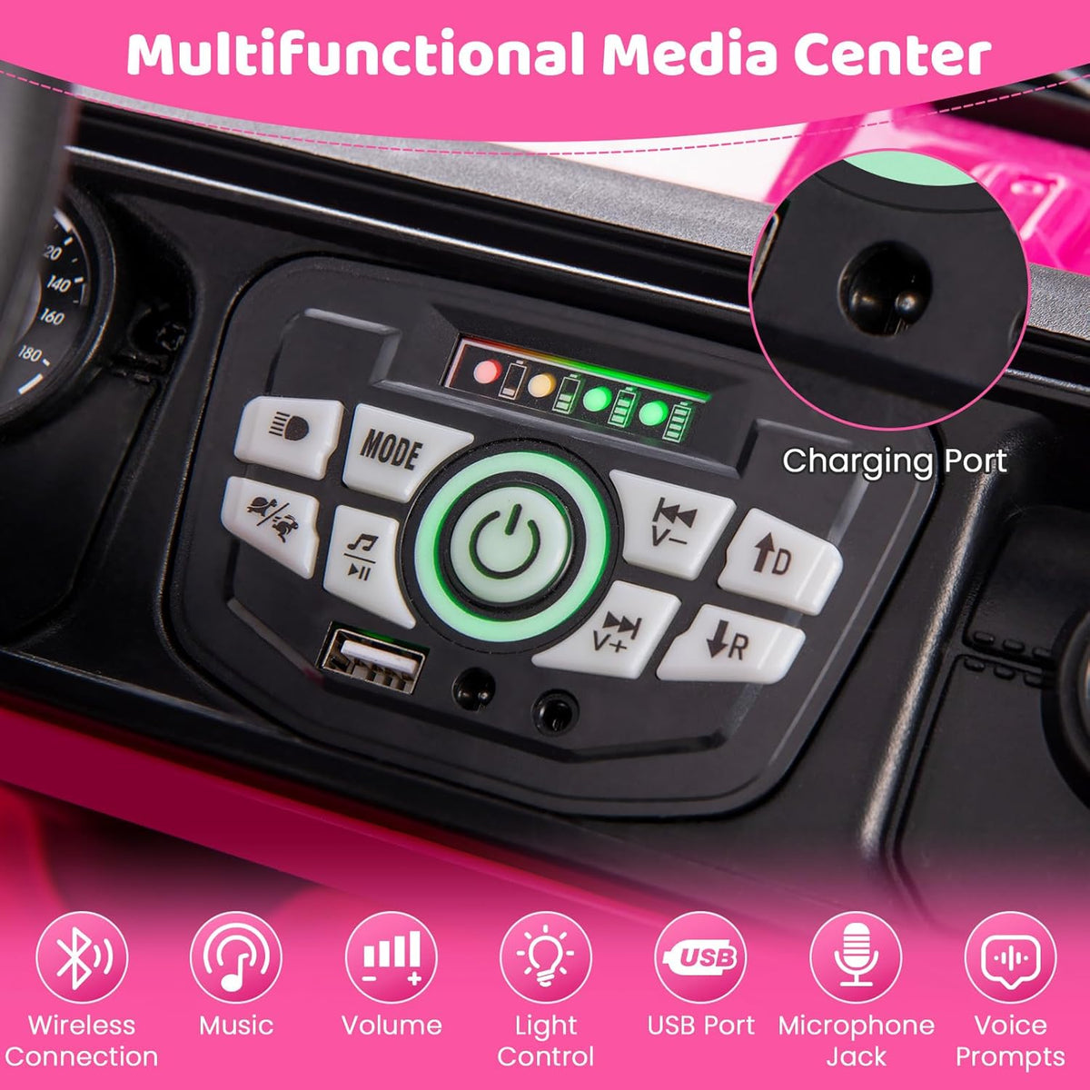 Costzon Kids Ride on Truck, 12V Electric Ride on Car with Remote Control, 3 Speed & Spring Suspension, Wireless Connection, USB, Music, Light, Kids Ride on Toys for Boys Girls (Pink)