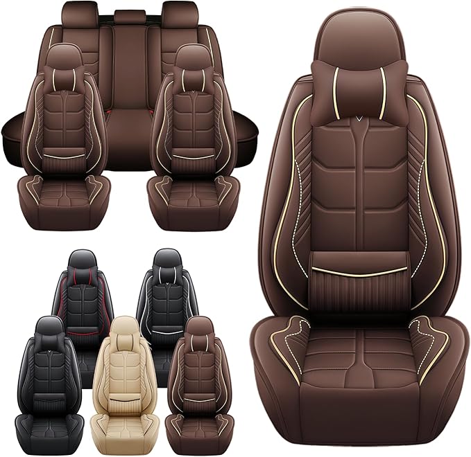 Leather Car Seat Covers Fit for Toyota FJ Cruiser 2002-2024, 5 Seater Car Seat Cover, Premium Waterproof, Scratch Resistant Car Interior Accessories (Full Set with Pillow Coffee)