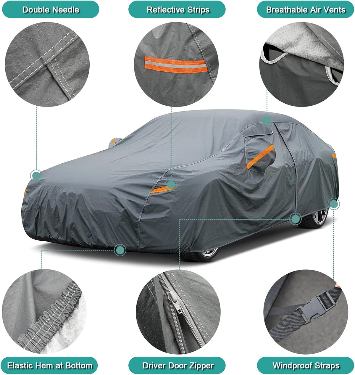 16 Layers Car Cover Waterproof All Weather, Heavy Duty Outdoor Car Cover Universal Fit Sedan Lexus ES350, Tesla Model S, Lincoln MKZ, Toyota Avalon, Jaguar XJ, Ford Taurus, BMW 740i etc.