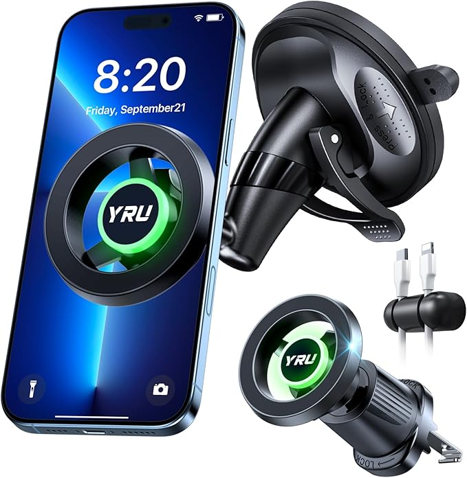 YRU [Truely Upgrade & Patent] Car Phone Holder for Magsafe [98+LBS Strongest Suction & Enhanced Magnetic] Dashboard Car Mount Windshield Vent Phone Stand for iPhone 17/16/15/14/13/12 Pro Max, Black