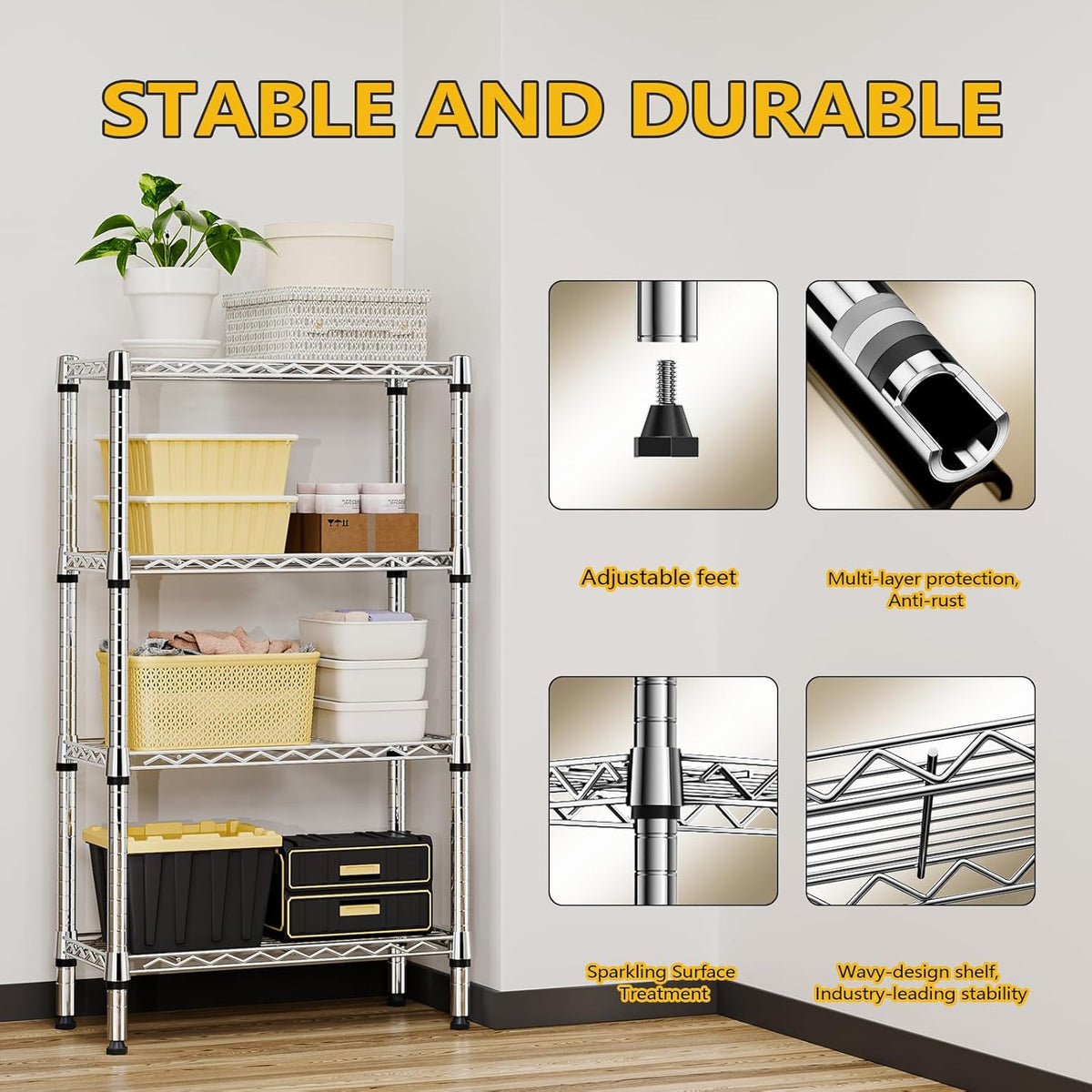 1000 lbs 4 Tier Shelf Metal Storage Shelves Wire Rack Closet Organizers for Garage Kitchen Bathroom Laundry Chrome 11.8" D x 25.6" W x 45.5" H