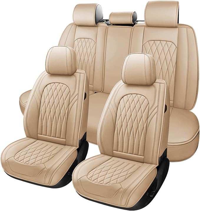WELLDO Car Seat Covers Full Set, Leather Seat Covers for Cars, Car Seat Protector Waterproof, Non-Slip Car Interior Covers Full Set Universal Automotive Seat Covers for Most Cars SUVs, Beige
