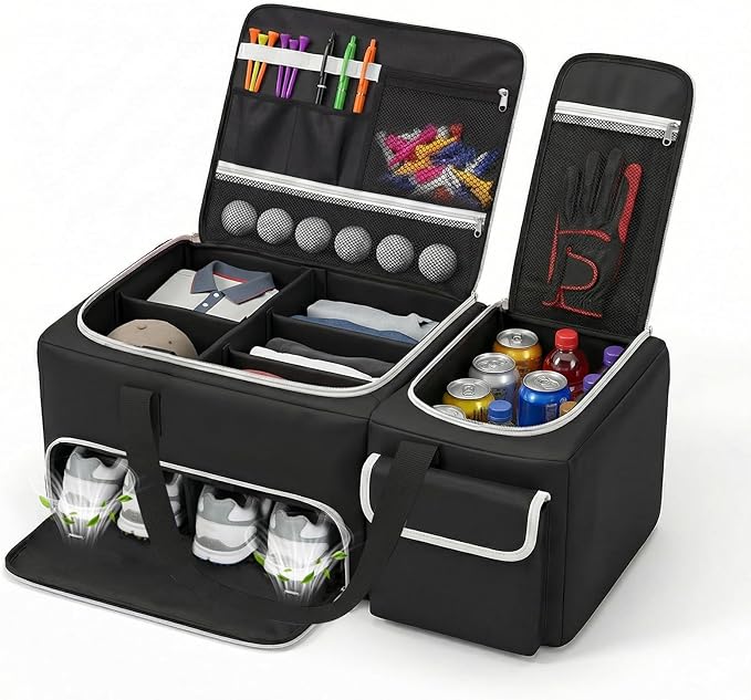 Golf Trunk Organizer, 2-Layer Car Trunk Locker with Ventilated Shoe Compartment for 2 Pairs, Adjustable Dividers, Multi-Pocket Storage for Balls Tees Gloves Towels