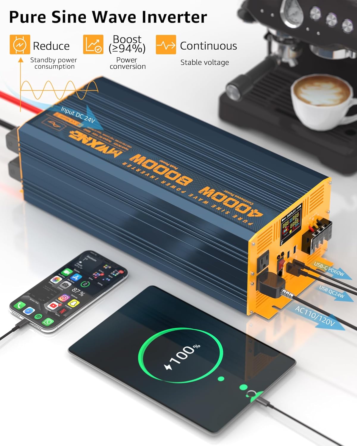 4000W Pure Sine Wave Power Inverter DC 12V to AC 110V 120V for Home RV with Dual AC Outlets 1 USB-C(60W) 3 USB-QC3.0 Fast Car Charger Adapter, LCD Display and Remote Control